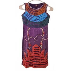 KPC Women's Boho Handmade Sleeveless Purple Embroidered Casual Dress Size Small